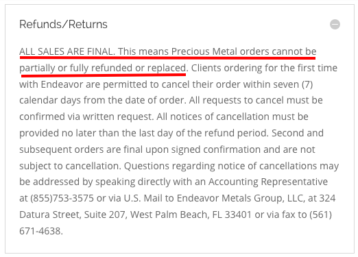 Endeavor Metals refunds returns disclosure